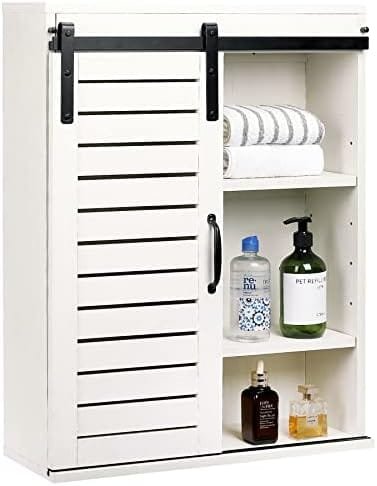 RUSTOWN Wood Farmhouse Bathroom Cabinet Wall Mounted, 3-Tier Rustic Wall Storage Cabinet with Shutter Sliding Door, Medicine Cabinet with Adjustable Shelf, Wall Cabinet for Living Room (Vintage White) - Image 2