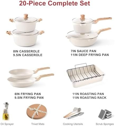 Pots and Pans Set - Caannasweis Kitchen Nonstick Cookware Sets Granite Frying Pans for Cooking Marble Stone Pan Sets Kitchen Essentials Set (Roasting Pan Beige) - Image 3