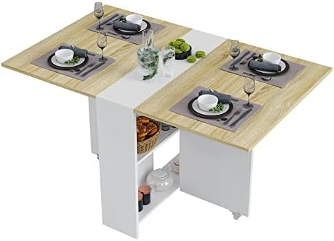 Tiptiper Folding Dining, Versatile Dinner Table with 6 Wheels and 2 Storage Racks, Space Saving Kitchen, Dining Room Table, 31.5 in x 51.2 in x 28.4 in, Pear Wood Color and White - Image 2