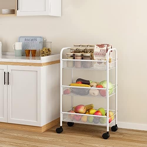 Simple Trending 3 Tier Rolling Storage Cart, Utility Organizer Shelves with Wheels for Kitchen Bathroom, Metal Mesh White - Image 4
