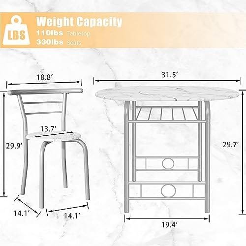 JUMMICO 3-Piece Wooden Round Table & Chair Set, Space Saving Kitchen Breakfast Nook Wood Grain Tabletop with Metal Frame and Built-in Wine Rack for Kitchen, Dining Room (White/Silver) - Image 7