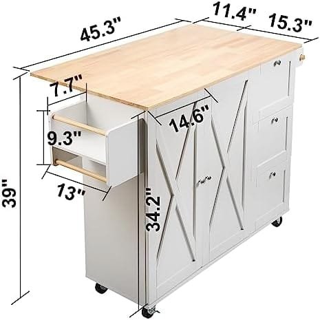 VEVOR Kitchen Island Cart with Solid Wood Top, 45.3" Width Mobile Carts with Storage Cabinet, Rolling Kitchen Table with Spice Rack, Towel Rack, Drop Leaf and Drawer, Portable Islands on Wheels, White - Image 12
