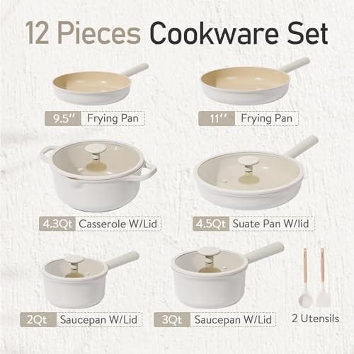 CAROTE Nonstick Pots and Pans Set, 12 Pcs Ceramic Cookware Sets, Healthy Non Stick Induction Cookware Kitchen Granite Cooking Set w/Frying Pans & Saucepan, PFOS, PFOA Free - Image 3