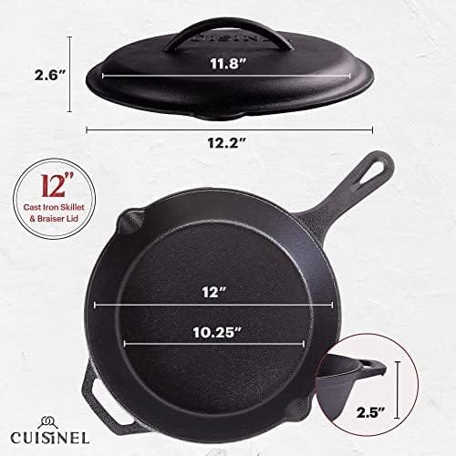 Cuisinel Cast Iron Skillet with Lid - 12"-inch Pre-Seasoned Covered Frying Pan Set + Silicone Handle & Lid Holders + Scraper/Cleaner - Indoor/Outdoor, Oven, Stovetop, Camping Fire, Grill Safe Cookware - Image 3