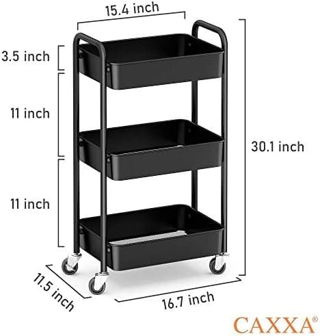 CAXXA 3-Tier Rolling Metal Storage Organizer - Mobile Utility Cart, Kitchen Cart with Caster Wheels (Black) - Image 3