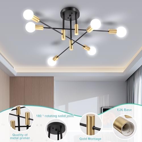 Sputnik Chandelier Modern Ceiling Light Fixture with 6 Lights Black Gold Mid Century Mount Ceiling Lights Fixture for Bedroom, Dining Room, Living Room, Kitchen, E26 Base, Bulbs Not Included - Image 4