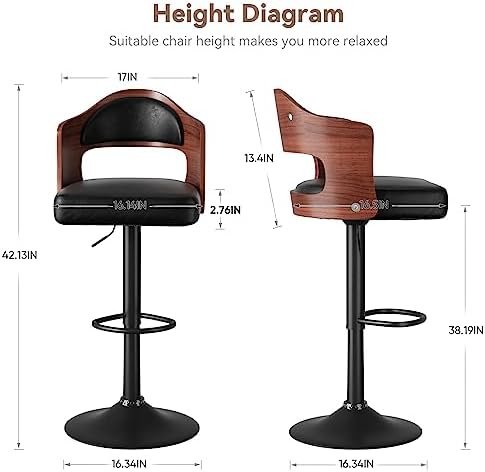 Nalupatio Swivel Bar Stools Set of 2 Seat Adjustable Height 24.5-33.5IN, Wooden Barstools PU Leather Upholstered Bar Chairs with Back & Footrest for Bar Kitchen Dining Room Black - Image 4