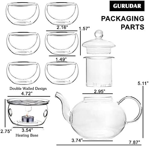 Glass Teapot Set, 27OZ/800ML Stovetop Safe Glass Tea Kettle with 6 Small Double Wall Tea Cups & Loose Tea Infuser & Tea Warmer, Microwave & Dishwasher Safe Tea Maker, Blooming Tea Gift Set For Women - Image 3