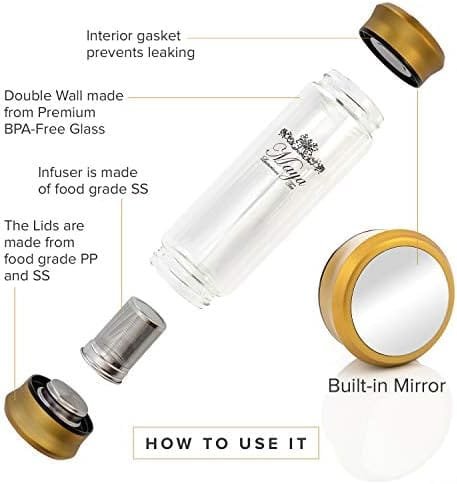 Tea Infuser Bottle by Maya Luxurious - Leakproof Double Wall Glass Travel Tea Mug with Stainless Steel Filter - BPA Free Tea Tumbler + Strainer for Loose Leaf Tea - Image 10