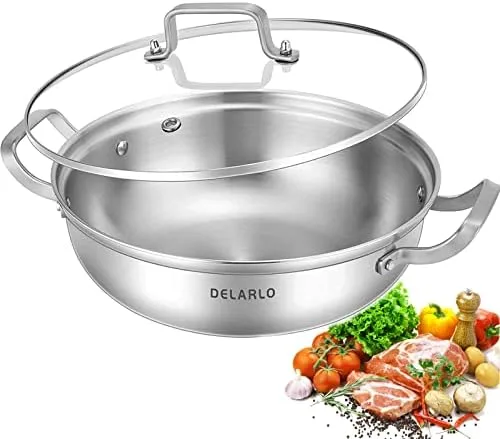 Delarlo Tri-Ply Stainless Steel 11 inch Uncoated Cookware Everyday Pan with Glass Lid,kitchen everything pan, Chef's Pans,Induction Cooking Pot, Stock Pot - Image 2