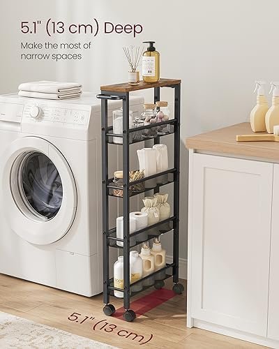 VASAGLE Slim Rolling Cart, 5-Tier Storage Cart, Narrow Cart with Handle, 5.1 Inches Deep, Metal Frame, for Kitchen, Dining Room, Living Room, Home Office, Rustic Brown and Black ULRC034B01 - Image 4