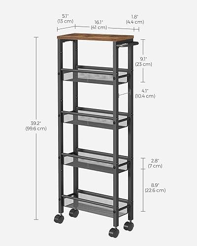 VASAGLE Slim Rolling Cart, 5-Tier Storage Cart, Narrow Cart with Handle, 5.1 Inches Deep, Metal Frame, for Kitchen, Dining Room, Living Room, Home Office, Rustic Brown and Black ULRC034B01 - Image 7