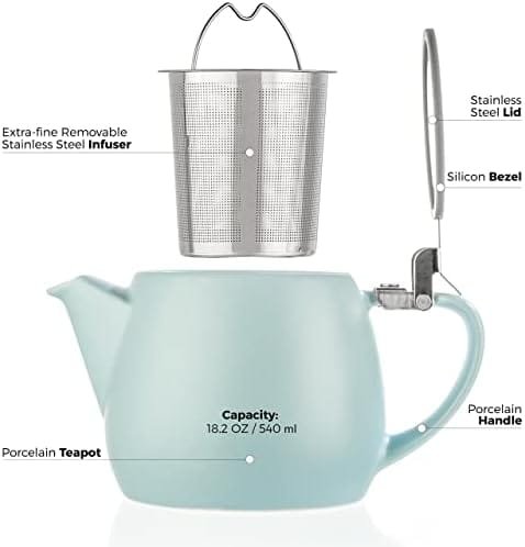 Tealyra - Pluto Porcelain Small Teapot Turquoise - 18.2-ounce (1-2 cups) - Matte Finish - Stainless Steel Lid and Extra-Fine Infuser To Brew Loose Leaf Tea - 540ml - Image 5