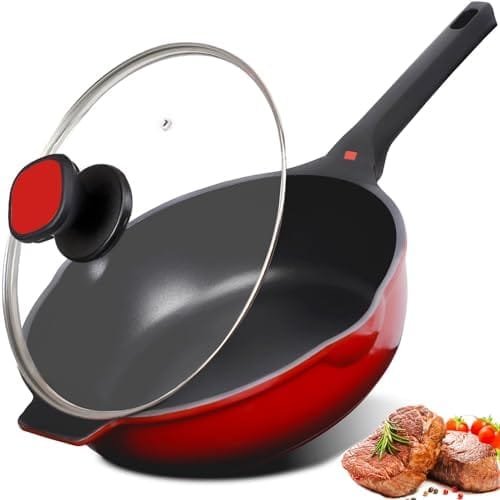 Non Stick Frying Pan with Lid, 11 IN 100% PFOA Free Saute Pan for Cooking, 5 Quart Food Grade Aluminum Chef Pan for Kitchen, Gas, Stove Top, Induction Deep Pan Easy to Clean, Large Skillet for Gift - Image 2