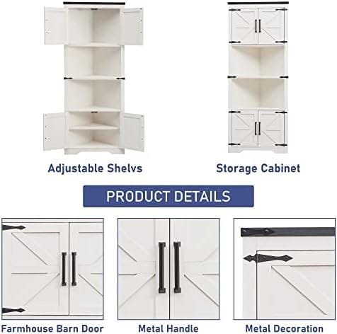 JXQTLINGMU Farmhouse Corner Cabinet, Tall Corner Bathroom Storage Cabinet with Barn Door Design & Adjustable Shelves, for Laundry Room, Living Room, Kitchen,(White) - Image 7