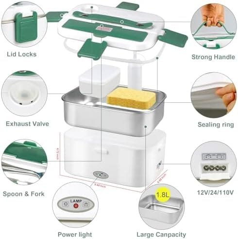 Electric Heater Lunch Box High Power 80W,1.8L Larger Capacity Self-Heating Lunch Boxes for Adults,3 In 1 Portable Food Warmer 12V/24V/110-230V, Suitable for Car,Truck,Work,Office,Travel,Home. - Image 6