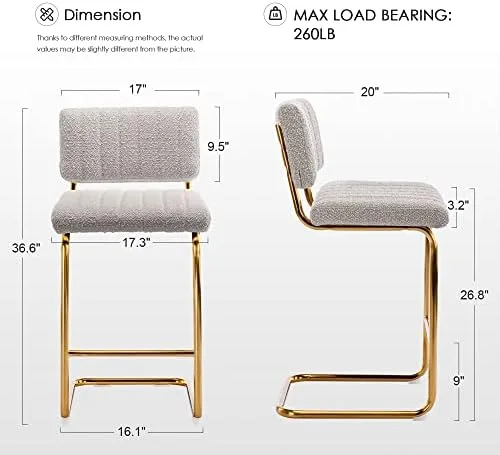 Zesthouse Mid-Century Counter Height Bar Stools Set of 2, 26 Inch Upholstered Boucle Fabric Counter Stools with Channel Tufting for Kitchen Island, Modern Armless Bar Chairs with Back & Gold Base - Image 3