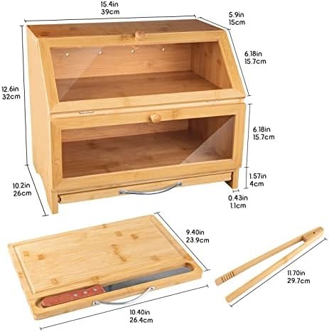 MAISONPEX Double Layer Bamboo Bread Box for Kitchen Countertop, Cutting Board, and Stainless Steel Bread Knife, Large Capacity Storage Container with Clear Windows (Self-Assembly) - Image 4