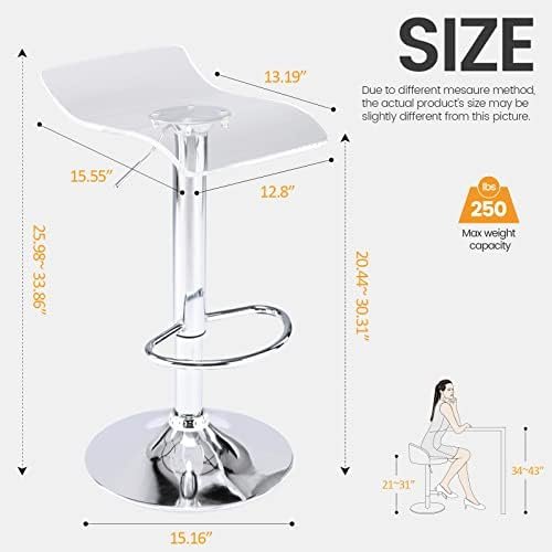 Brage Living Acrylic Bar Stools Set of 2, Backless Transparent Swivel Adjustable Airlift Barstools, Counter Height Bar Chairs for Kitchen Dining Room Pub Cafe (Clear) - Image 6