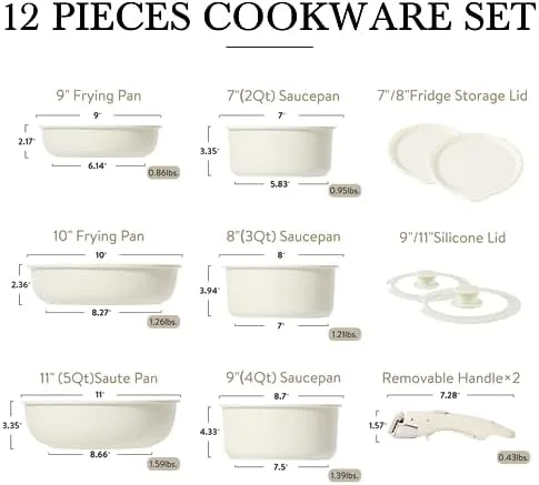 CAROTE 12pcs Pots and Pans Set, Nonstick Cookware Set Detachable Handle, Induction Kitchen Cookware Sets Non Stick with Removable Handle, RV Cookware Set, Dishwasher/Oven Safe - Image 3