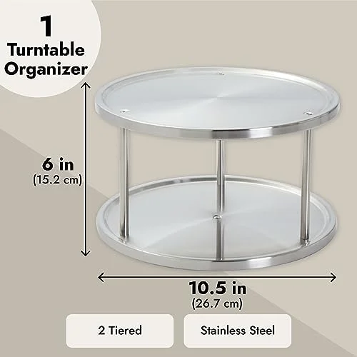 2 Tier Lazy Susan Turntable Organizer for Cabinet, Revolving Spice Rack Carousel for Kitchen Pantry Storage, Stainless Steel (10.5 in) - Image 6