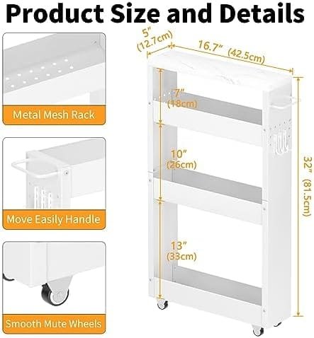 XYZLVSI Slim Storage Cart, 5 in Width, 4-Tier White Rolling Cart with Handle & Wooden Top for Kitchen Bathroom Laundry Narrow Places - Image 7