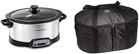 Hamilton Beach 7-Quart Programmable Slow Cooker With Flexible Easy Programming, Dishwasher-Safe Crock & Lid, Silver (33473) & Travel Case & Carrier Insulated Bag (33002),Black - Image 2