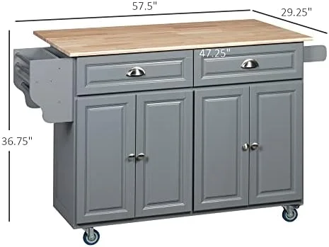 HOMCOM Rolling Kitchen Island on Wheels, Kitchen Cart with Solid Wood Drop Leaf Breakfast Bar, Storage Drawers, 4-Door Cabinets, Spice Rack, Dark Gray - Image 4