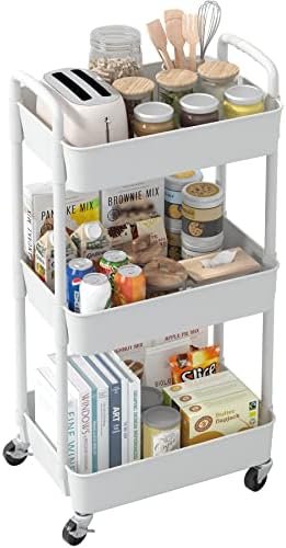 Sywhitta 3-Tier Plastic Rolling Utility Cart with Handle, Multi-Functional Storage Trolley for Office, Living Room, Kitchen, Movable Storage Organizer with Wheels, White - Image 10