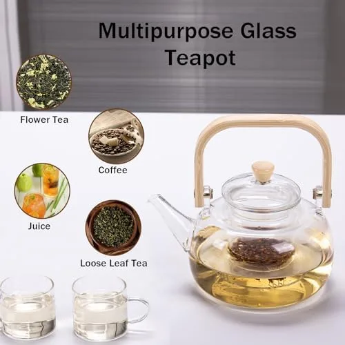 Motanber Glass Teapot|Stovetop & Microwave Safe Teapot|34oz(1000ml)|for Blooming flower tea and Loose Leaf tea Maker Set (1 teapot & 6 cups) - Image 7