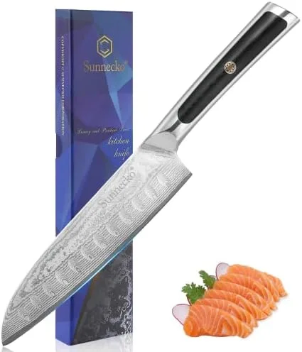 Sunnecko Santoku Knife 7 inch, Damascus Chef Knife VG-10 Steel Blade Japanese Style Knife, Sharp Kitchen Knife with G10 Inlaid Handle Cooking Knife Perfect for Professional Home Use Cutting Knife - Image 2