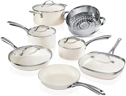Gotham Steel 12 Pc Pots and Pans Set Non Stick Cookware Set, Pot and Pan Set, Kitchen Cookware Sets, Ceramic Cookware Set, Nonstick Cookware Set, Pot Set with Lids, Dishwasher Safe, Cream White - Image 2