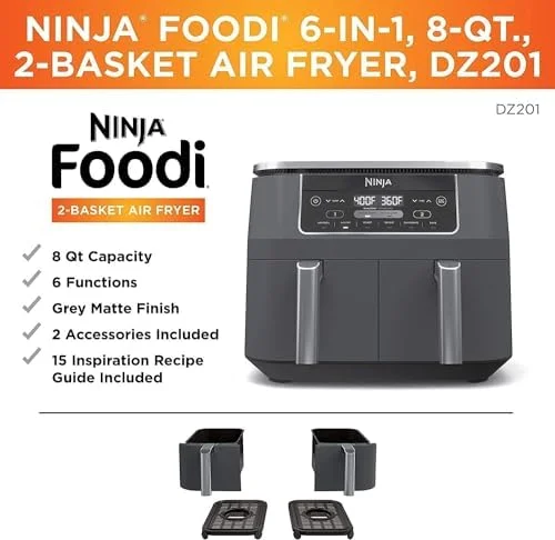 Ninja DZ100 Foodi 4-in-1, 8-qt., 2-Basket Air Fryer with DualZone Technology, DZ100 8-qt BLACK - Image 3