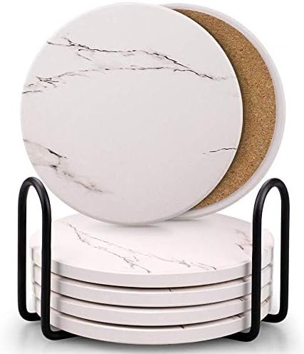 Coasters for Drinks, Absorbent Ceramic Stone Coasters Set with Metal Holder Stand, Cork Base, Marble Surface Pattern, Cups Place Mats for Home Decor, Set of 6 - White - Image 2