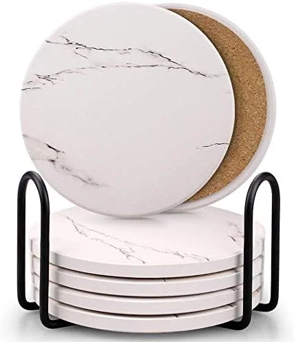Coasters for Drinks, Absorbent Ceramic Stone Coasters Set with Metal Holder Stand, Cork Base, Marble Surface Pattern, Cups Place Mats for Home Decor, Set of 6 - White - Image 2
