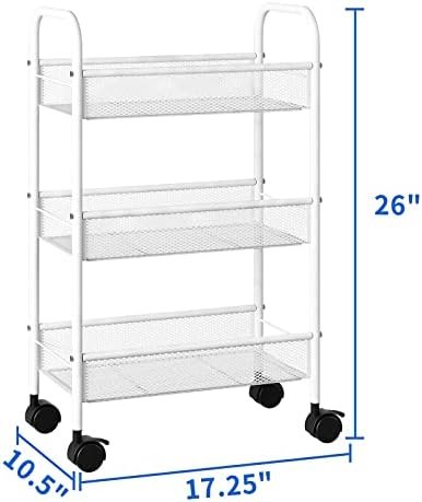 Simple Trending 3 Tier Rolling Storage Cart, Utility Organizer Shelves with Wheels for Kitchen Bathroom, Metal Mesh White - Image 3
