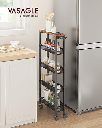 VASAGLE Slim Rolling Cart, 5-Tier Storage Cart, Narrow Cart with Handle, 5.1 Inches Deep, Metal Frame, for Kitchen, Dining Room, Living Room, Home Office, Rustic Brown and Black ULRC034B01 - Image 3