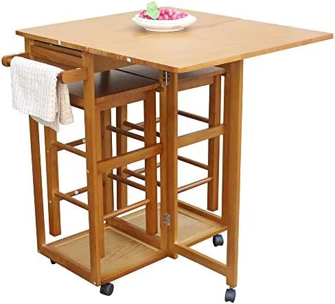 Folding Breakfast Cart Dining Table for 2, Drop Leaf Tables for Small Spaces, Foldable Kitchen Table, Space Saving Bar Table Chairs Set, Kitchen Trolley Island On Wheels for Bar, Restaurant, Home - Image 4