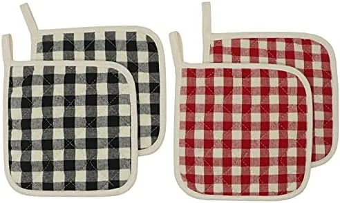 Cotton Pot Holders Heat Resistant Hot Pads for Kitchen, Multipurpose Quilted Pot Holder, 7 x 7 Inches, Plaid Potholders Set of 4 (Small Grid Black+Red) - Image 2