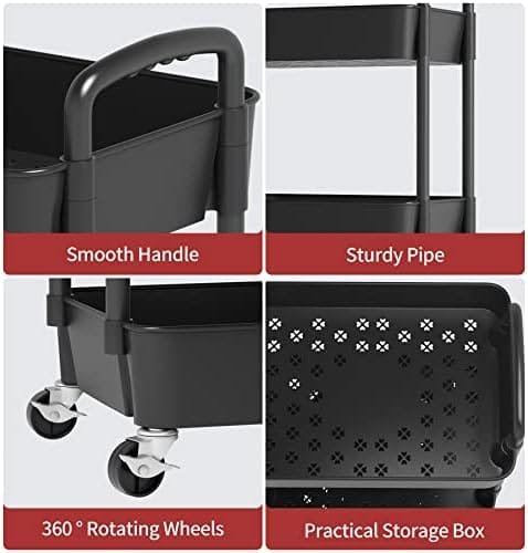 Sywhitta 3-Tier Plastic Rolling Utility Cart with Handle, Multi-Functional Storage Trolley for Office, Living Room, Kitchen, Movable Storage Organizer with Wheels, Black - Image 8