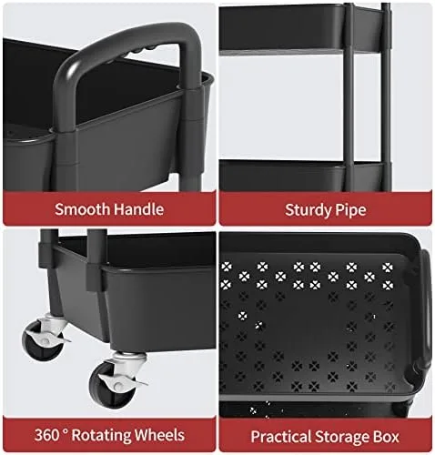 Sywhitta 3-Tier Plastic Rolling Utility Cart with Handle, Multi-Functional Storage Trolley for Office, Living Room, Kitchen, Movable Storage Organizer with Wheels, Black - Image 8