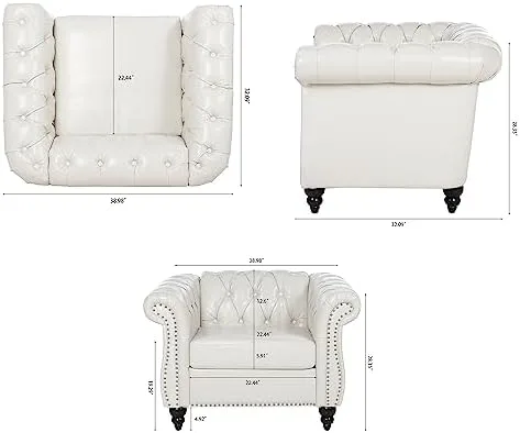 85" Chesterfield Fabric 3 Seater Couch-2 Set 39" Single Chair Set Furniture,Upholstered Sofa with Tufted Back,Roll Arm Classic Chesterfield Settee Couches for Living Room,Office (White + PU) - Image 4