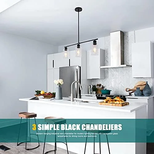 TYNEWRGY Black Kitchen Island Lighting, 3-Light Modern Pendant Light Fixture with Glass Shades, Rustic Farmhouse Chandelier, Hanging Light fixtures for Kitchen Island Living Dining Room Bedroom Foyer - Image 9
