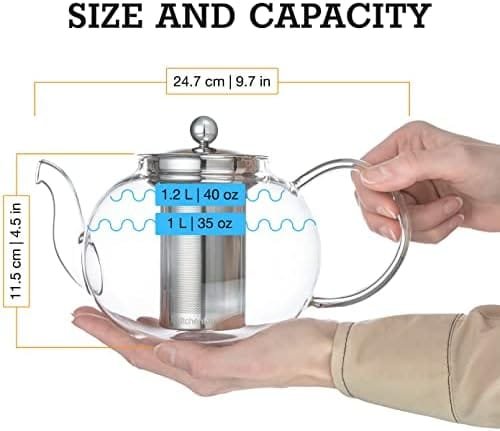 Kitchen Kite Glass Teapot Set with 4 Double Wall Teacups & Removable Stainless Steel Infuser - Microwave Dishwasher Safe Clear Blooming Loose Leaf Teas, Tea Maker Gift - Image 6