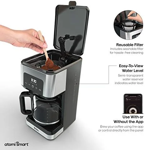 Atomi Smart WiFi Coffee Maker - No-Spill Carafe Sensor, Black/Stainless Steel, 12-Cup Carafe, Reusable Filter, Customization Features, Control with Voice or App, Works with Alexa and Google Assistant - Image 6