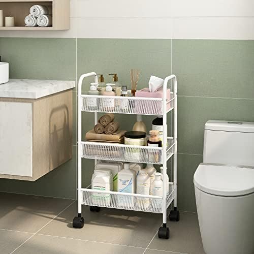 Simple Trending 3 Tier Rolling Storage Cart, Utility Organizer Shelves with Wheels for Kitchen Bathroom, Metal Mesh White - Image 7