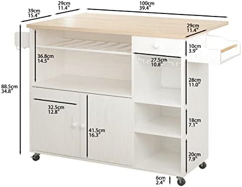 IRONCK Rolling Kitchen Island Cart with Drop-Leaf and Wine Rack, Microwave Rack Serving Cart on Wheels with Drawer & Shelves & Spice Rack & Cup Hanging, White - Image 3