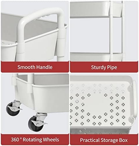 Sywhitta 3-Tier Plastic Rolling Utility Cart with Handle, Multi-Functional Storage Trolley for Office, Living Room, Kitchen, Movable Storage Organizer with Wheels, White - Image 7