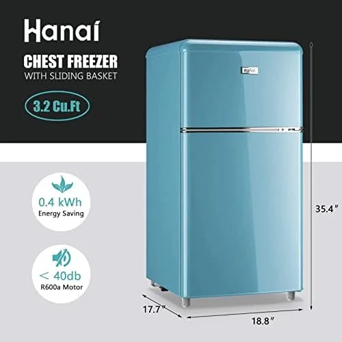 WANAI Compact Refrigerator 3.2 Cu.Ft Classic Retro 2 Door Mini Refrigerator Adjustable Remove Glass Shelves Suitable for Dorm Garage and Office - Image 3