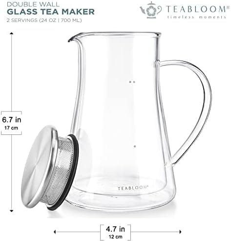 Teabloom Insulated Teapot – Tea Maker For Two (24 oz / 2 Mugs) – Double Wall Glass Tea Steeper with Stainless Steel Filter Lid for Loose Leaf Tea – Milano Collection - Image 5